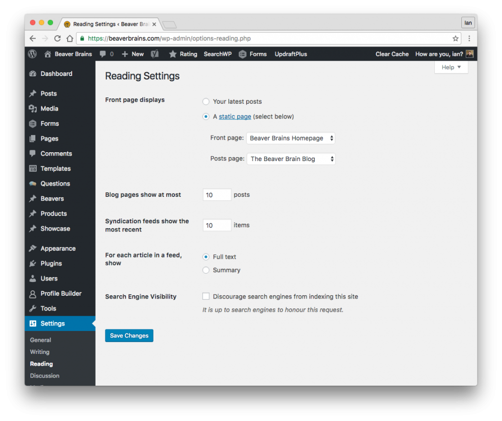 wordpress reading settings