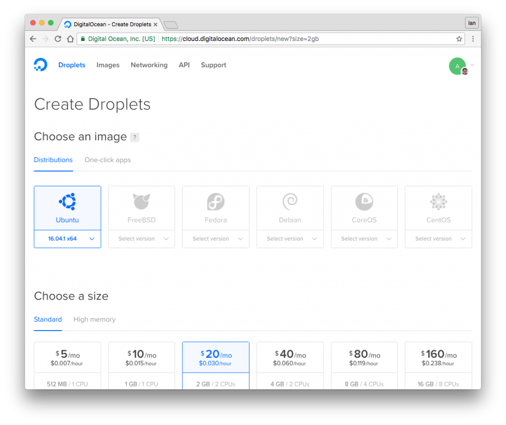 The DigitalOcean Droplet start screen 