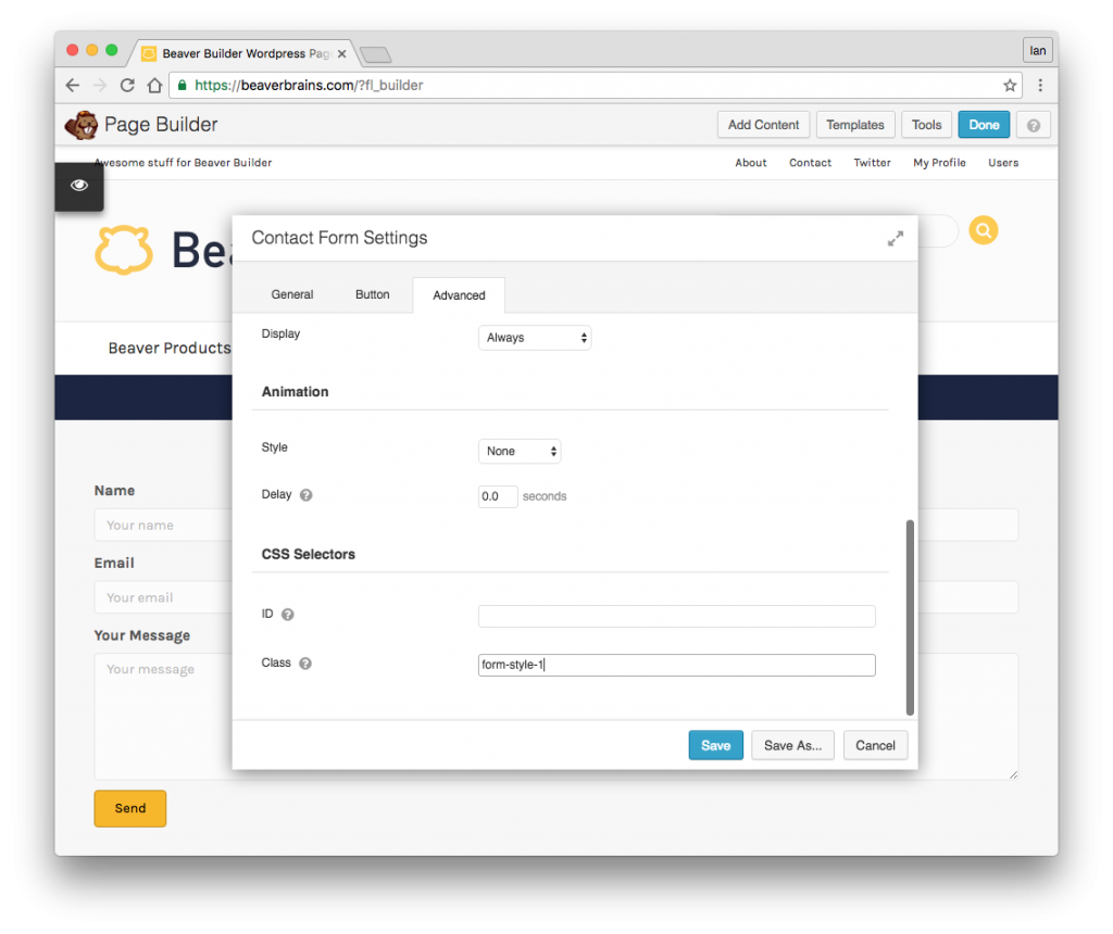 beaver builder contact form module advanced tab css selectors