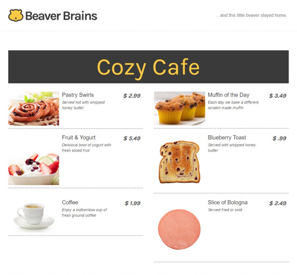 Menu example of Restaurant/Services Menu Module from PowerPack